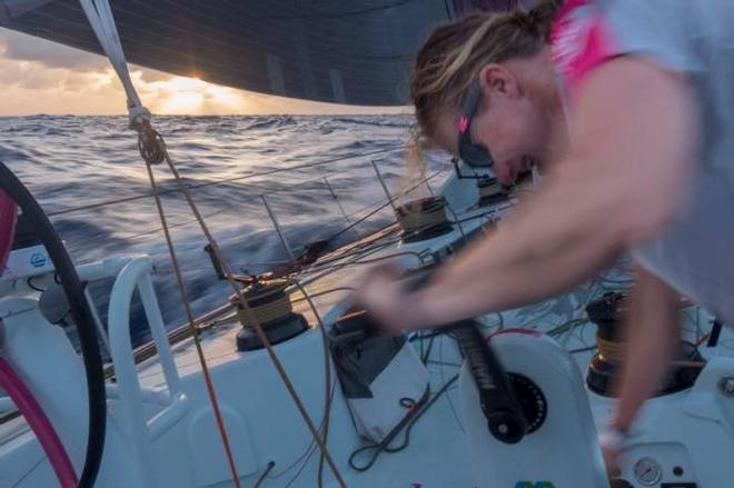 Onboard Team SCA – Annie Lush in full power at the grinder - Volvo Ocean Race 2015 © Corinna Halloran / Team SCA